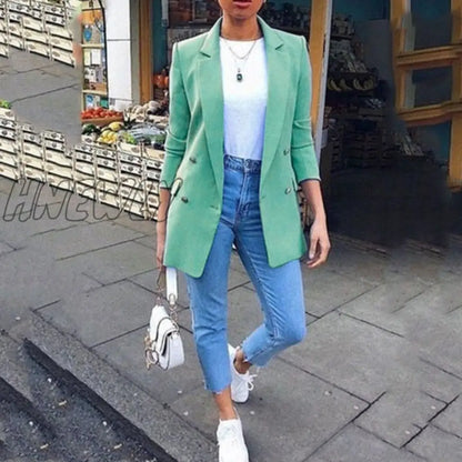 Autumn Long Sleeve Cardigan Blazer Solid Coat Casual Office Women Slim Button Jackets Work Ladies Open Front Notched S-5XL Coat Trendy Office Outfits