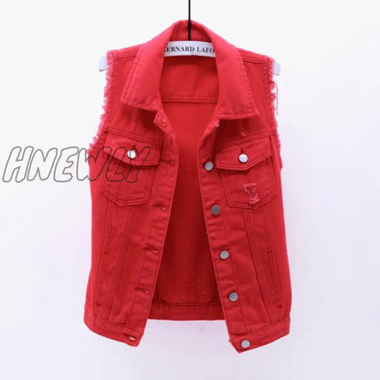 Autumn Women Plus size Denim Vest Sleeveless Waistcoat Students Casual Tops Jeans Jackets Red Pink Purple Yellow Blue White KW03