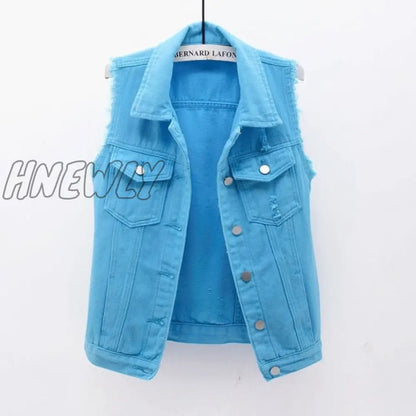 Autumn Women Plus size Denim Vest Sleeveless Waistcoat Students Casual Tops Jeans Jackets Red Pink Purple Yellow Blue White KW03