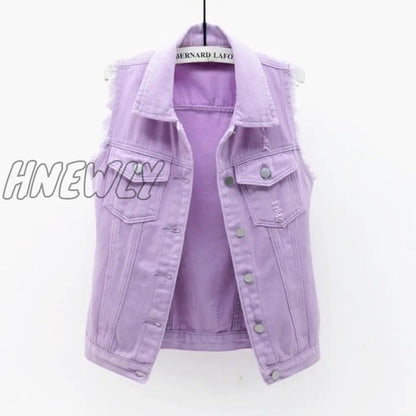 Autumn Women Plus size Denim Vest Sleeveless Waistcoat Students Casual Tops Jeans Jackets Red Pink Purple Yellow Blue White KW03