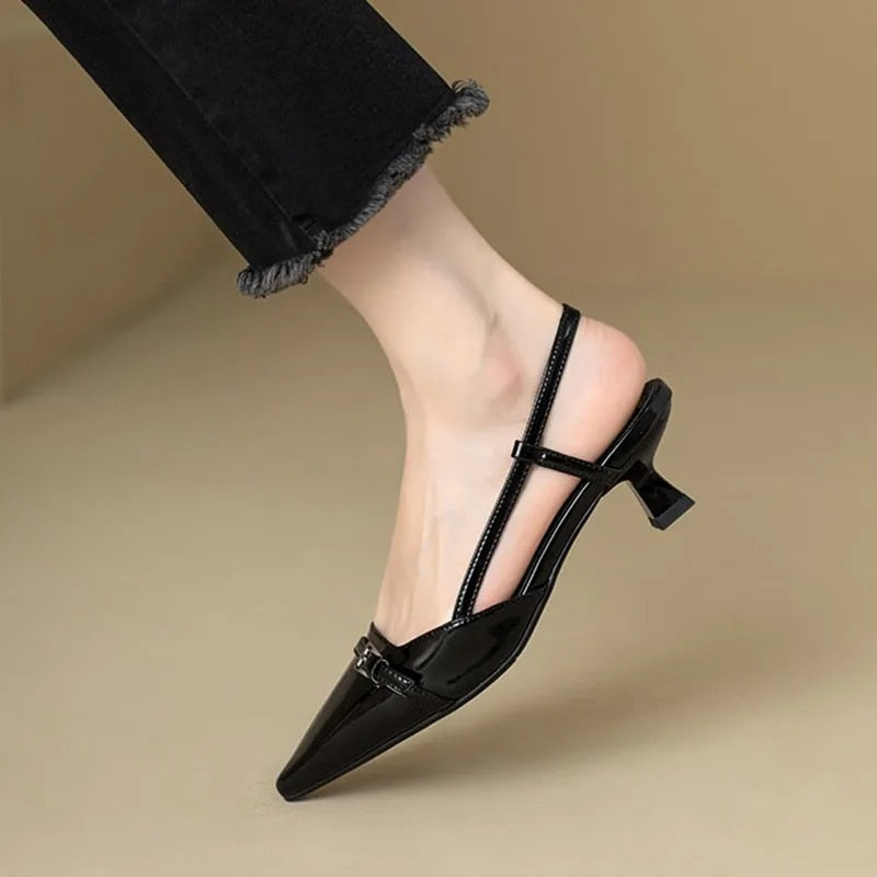 xsrrr New Summer Women's Dress Shoes Pointed Toe Sandals Buckle Slingbacks Mid Heels Pumps Patent Leather Slip on  Zapatos Mujer