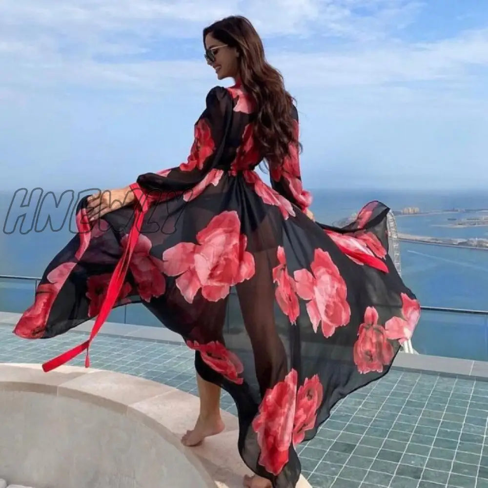 Beach Dress Summer Print Swimwear Women Sexy Cover Up Solid Long Tunic Bubble Sleeve Swimsuit With Belt Bathing Suit