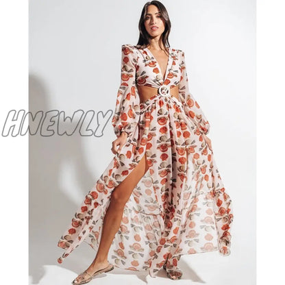 Beach Dress Summer Print Swimwear Women Sexy Cover Up Solid Long Tunic Bubble Sleeve Swimsuit With Belt Bathing Suit