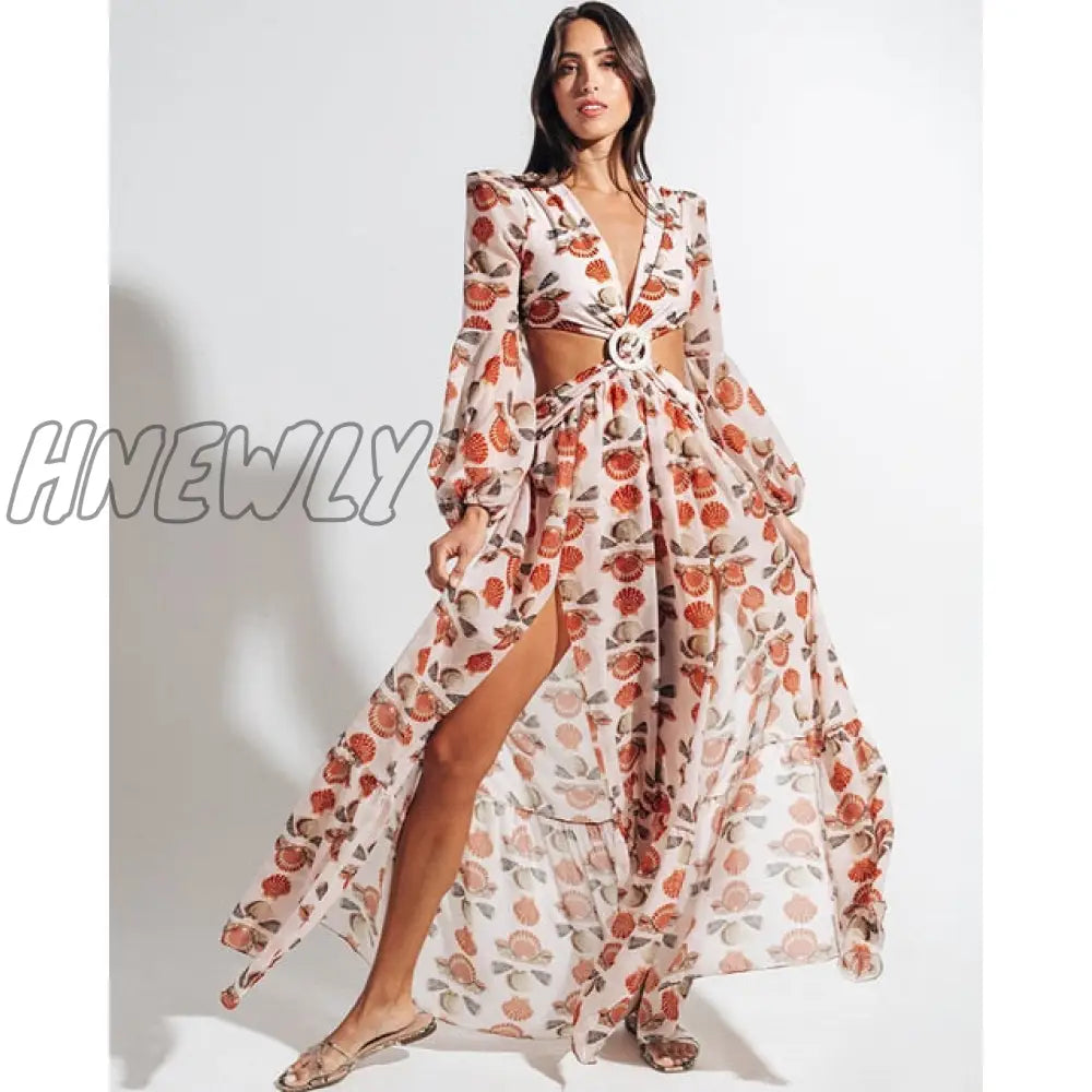 Beach Dress Summer Print Swimwear Women Sexy Cover Up Solid Long Tunic Bubble Sleeve Swimsuit With Belt Bathing Suit