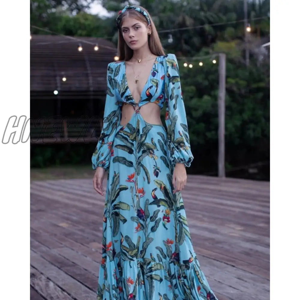 Beach Dress Summer Print Swimwear Women Sexy Cover Up Solid Long Tunic Bubble Sleeve Swimsuit With Belt Bathing Suit