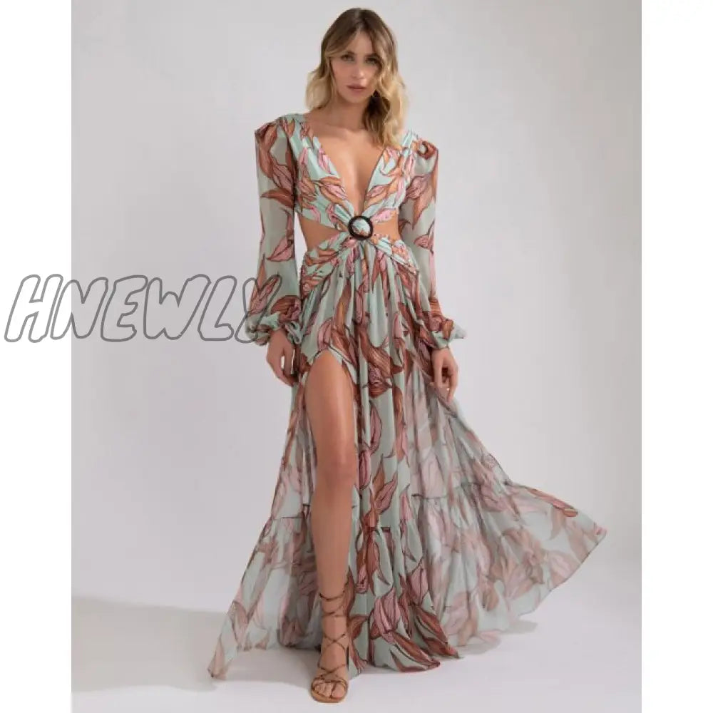 Beach Dress Summer Print Swimwear Women Sexy Cover Up Solid Long Tunic Bubble Sleeve Swimsuit With Belt Bathing Suit