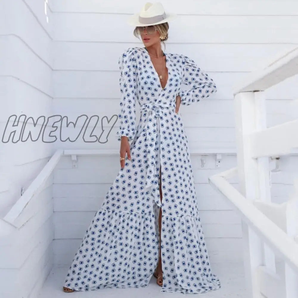 Beach Dress Summer Print Swimwear Women Sexy Cover Up Solid Long Tunic Bubble Sleeve Swimsuit With Belt Bathing Suit