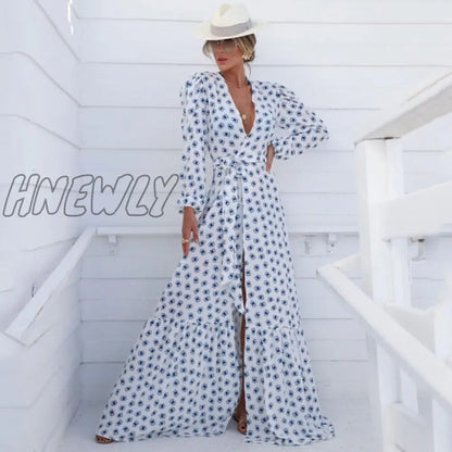 Beach Dress Summer Print Swimwear Women Sexy Cover Up Solid Long Tunic Bubble Sleeve Swimsuit With Belt Bathing Suit