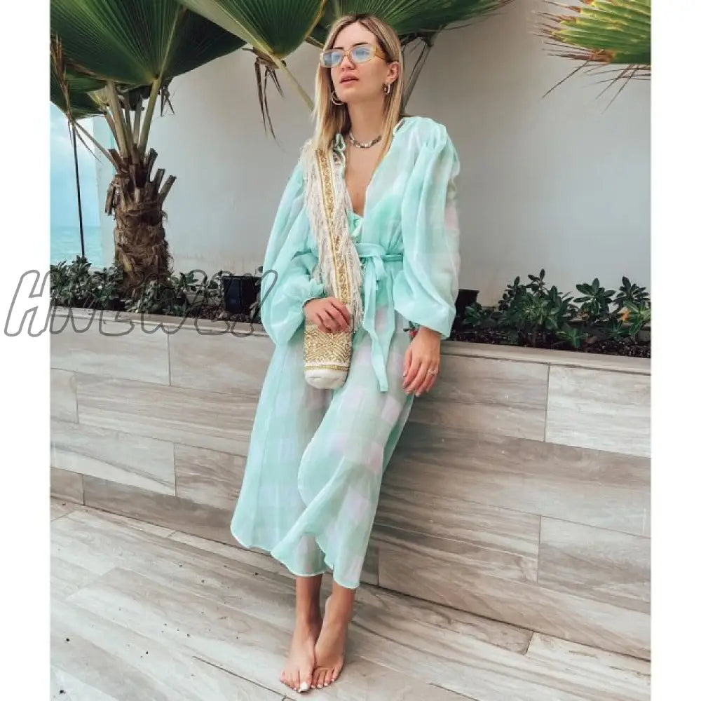 Beach Dress Summer Print Swimwear Women Sexy Cover Up Solid Long Tunic Bubble Sleeve Swimsuit With Belt Bathing Suit