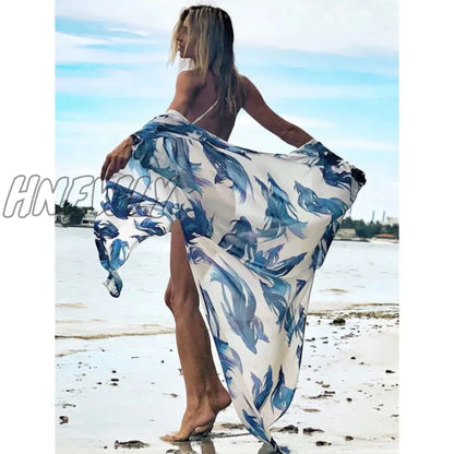 Beach Dress Summer Print Swimwear Women Sexy Cover Up Solid Long Tunic Bubble Sleeve Swimsuit With Belt Bathing Suit