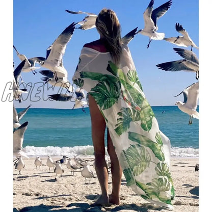 Beach Dress Summer Print Swimwear Women Sexy Cover Up Solid Long Tunic Bubble Sleeve Swimsuit With Belt Bathing Suit