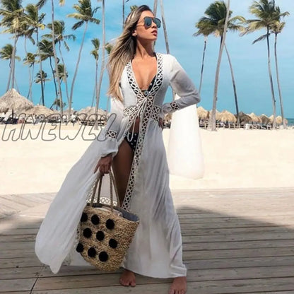 Beach Dress Summer Print Swimwear Women Sexy Cover Up Solid Long Tunic Bubble Sleeve Swimsuit With Belt Bathing Suit