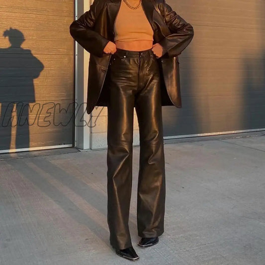 Black Faux Leather Pants Women New Straight Leg Pants Fashion Harajuku Black Baggy Trouser Casual Elegant High Waist Pants Stylish Work Outfits