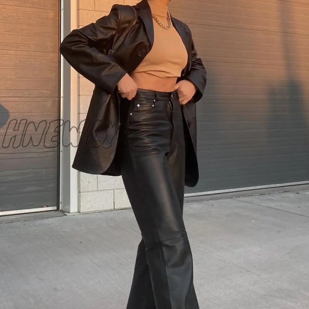 Black Faux Leather Pants Women New Straight Leg Pants Fashion Harajuku Black Baggy Trouser Casual Elegant High Waist Pants Stylish Work Outfits