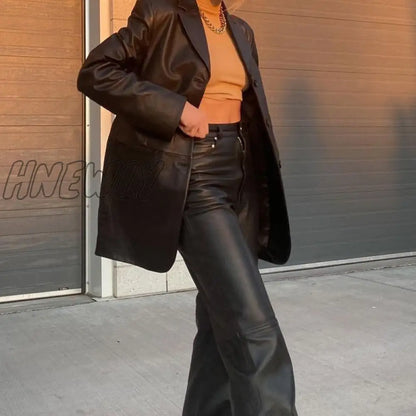 Black Faux Leather Pants Women New Straight Leg Pants Fashion Harajuku Black Baggy Trouser Casual Elegant High Waist Pants Stylish Work Outfits