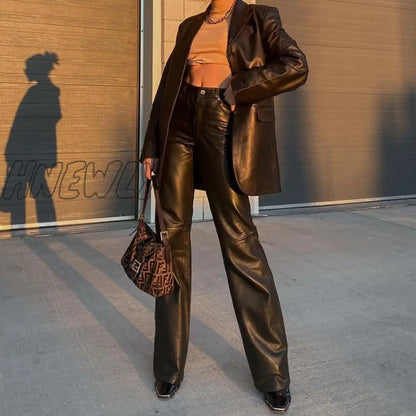 Black Faux Leather Pants Women New Straight Leg Pants Fashion Harajuku Black Baggy Trouser Casual Elegant High Waist Pants Stylish Work Outfits