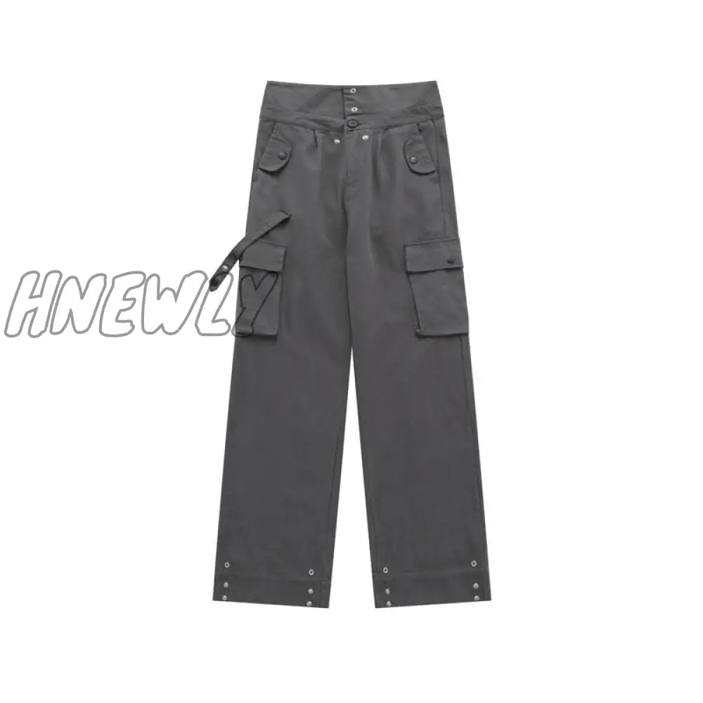 Cargo pants women clamshell waist retro straight leg casual pant high waist multi-pocket breasted wide leg floor length trousers