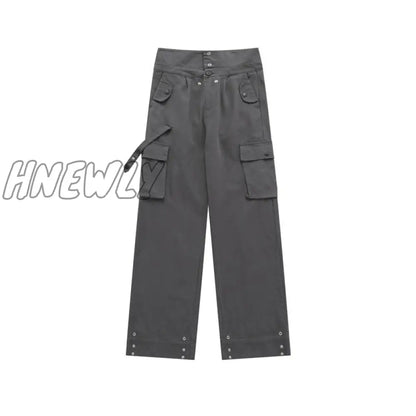 Cargo pants women clamshell waist retro straight leg casual pant high waist multi-pocket breasted wide leg floor length trousers