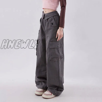 Cargo pants women clamshell waist retro straight leg casual pant high waist multi-pocket breasted wide leg floor length trousers