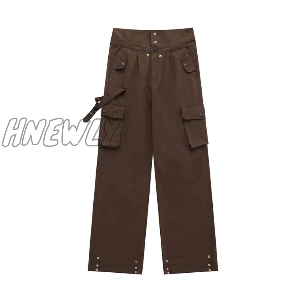 Cargo pants women clamshell waist retro straight leg casual pant high waist multi-pocket breasted wide leg floor length trousers