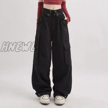 Cargo pants women clamshell waist retro straight leg casual pant high waist multi-pocket breasted wide leg floor length trousers