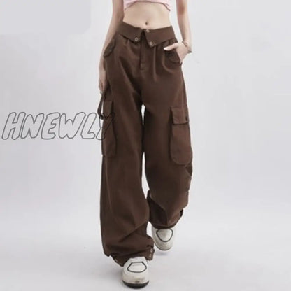 Cargo pants women clamshell waist retro straight leg casual pant high waist multi-pocket breasted wide leg floor length trousers