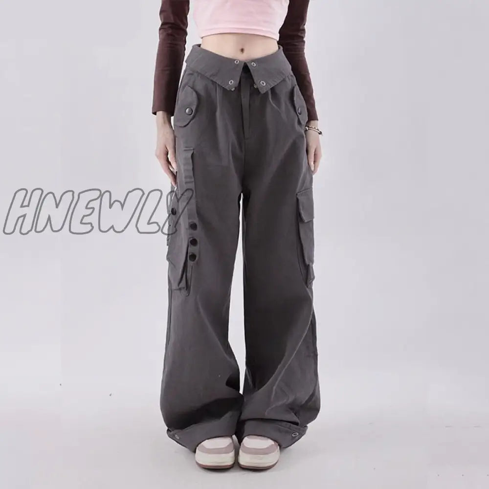 Cargo pants women clamshell waist retro straight leg casual pant high waist multi-pocket breasted wide leg floor length trousers