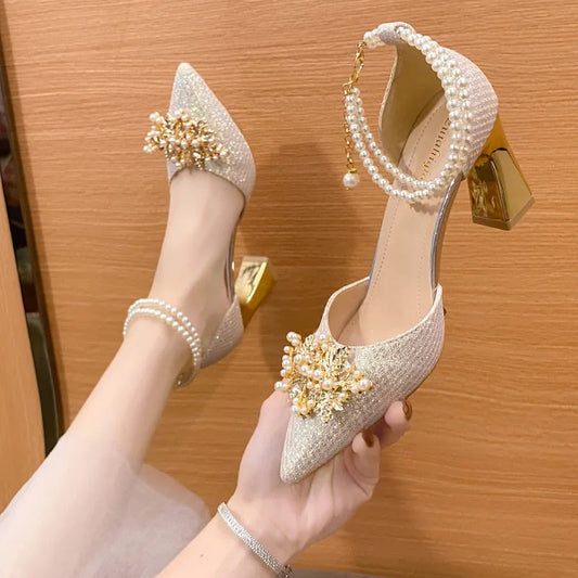 xsrrr Ladies Shoes on Sale New Fashion Pointed Metal Beaded Solid Women's High Heels Summer Leisure Banquet Women Wedding Pump