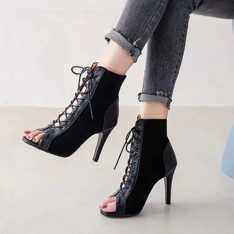 xsrrr Lace-Up Sandals Heels 9CM Women's Shoes Summer Trend Black Sexy Peep Toe Boots Fashion Cloth Stilettos Jazz Dance Female