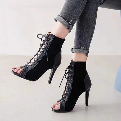 xsrrr Lace-Up Sandals Heels 9CM Women's Shoes Summer Trend Black Sexy Peep Toe Boots Fashion Cloth Stilettos Jazz Dance Female