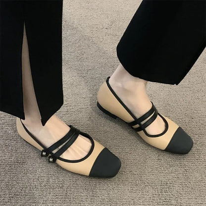 xsrrr New Women's Flats Patchwork Double Buckle Mary Janes Shoes Black Toe Leather Shoes For Female Spring Autumn Zapatos Mujer