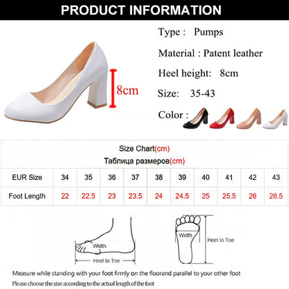 xsrrr New Women's Square Heels Office Shoes Patent Leather High Heel Pumps Women Round Toe Slip-On Autumn Shoes for Female