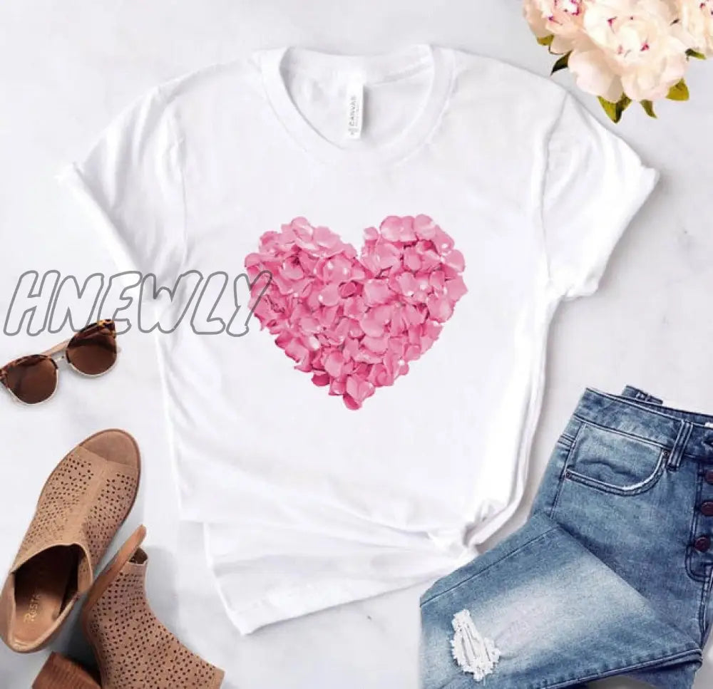 Heart flower print ladies T-shirt ladies casual basis O-collar white shirt short sleeve ladies T-shirt love graphic printing