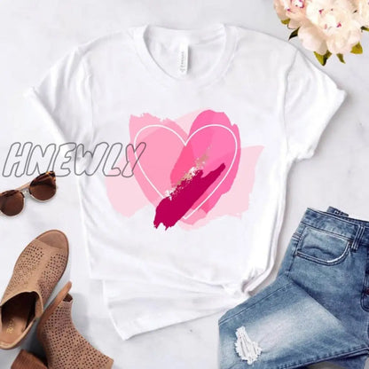 Heart flower print ladies T-shirt ladies casual basis O-collar white shirt short sleeve ladies T-shirt love graphic printing