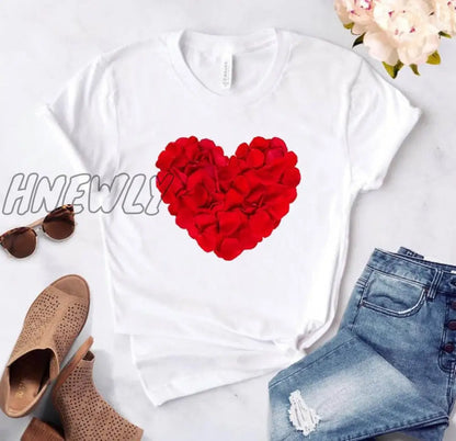 Heart flower print ladies T-shirt ladies casual basis O-collar white shirt short sleeve ladies T-shirt love graphic printing