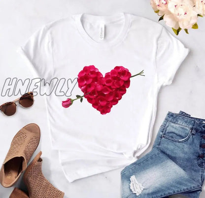 Heart flower print ladies T-shirt ladies casual basis O-collar white shirt short sleeve ladies T-shirt love graphic printing