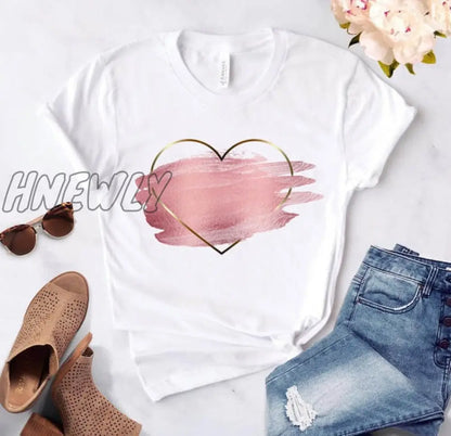 Heart flower print ladies T-shirt ladies casual basis O-collar white shirt short sleeve ladies T-shirt love graphic printing