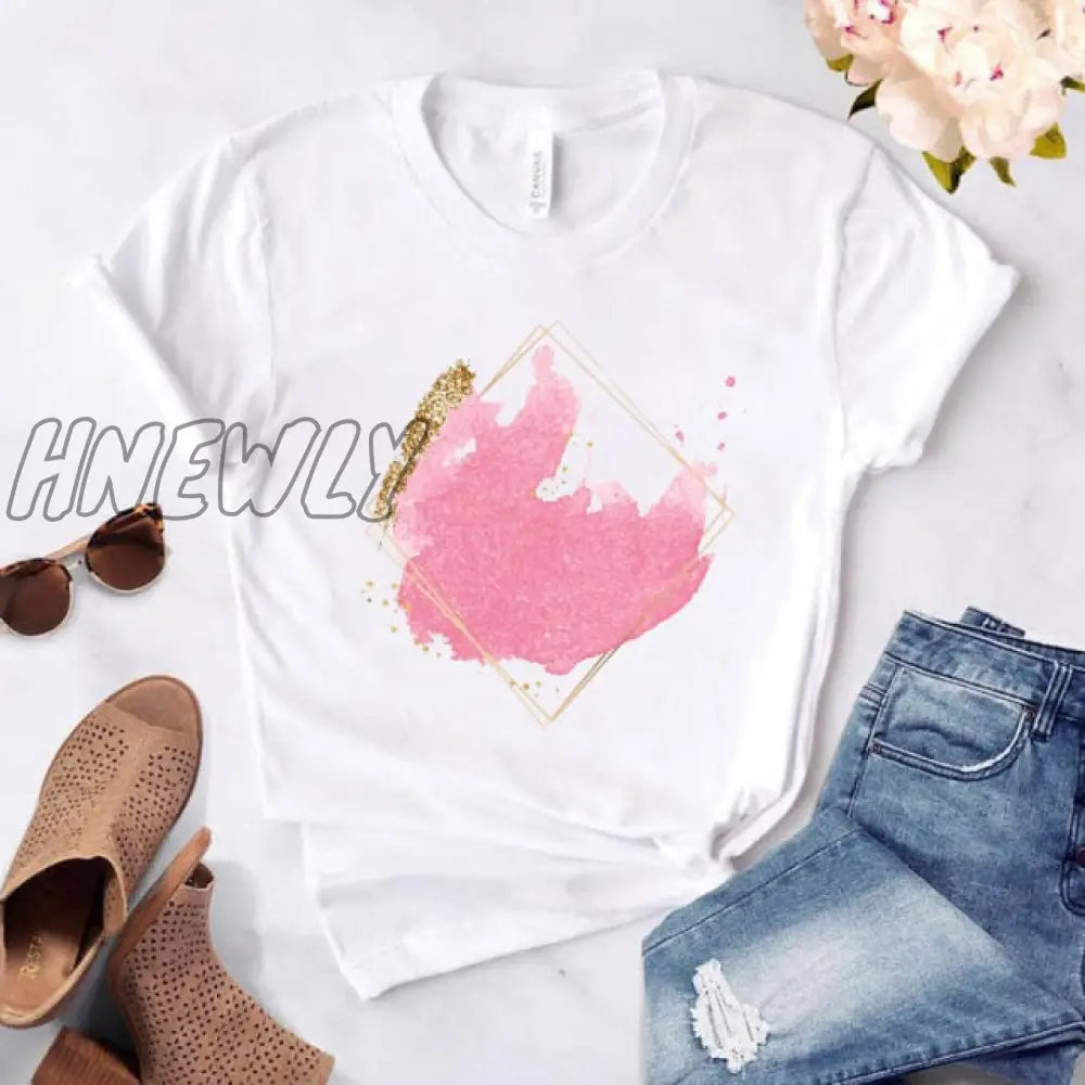 Heart flower print ladies T-shirt ladies casual basis O-collar white shirt short sleeve ladies T-shirt love graphic printing