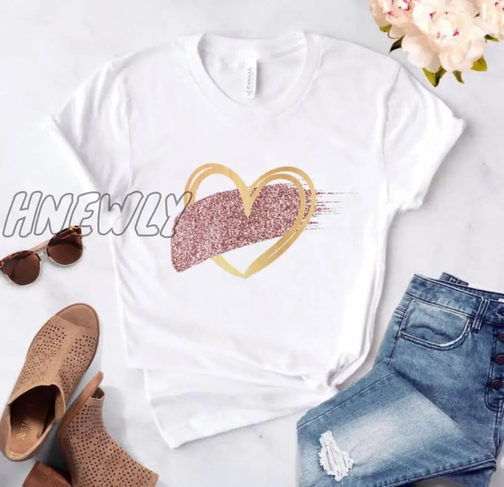 Heart flower print ladies T-shirt ladies casual basis O-collar white shirt short sleeve ladies T-shirt love graphic printing