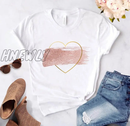 Heart flower print ladies T-shirt ladies casual basis O-collar white shirt short sleeve ladies T-shirt love graphic printing