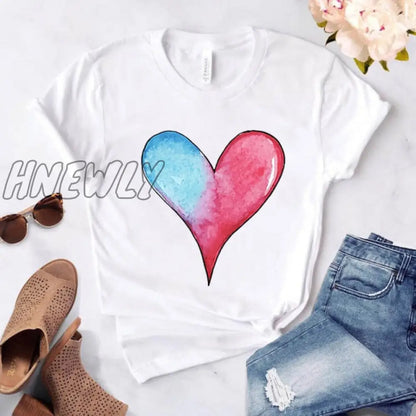 Heart flower print ladies T-shirt ladies casual basis O-collar white shirt short sleeve ladies T-shirt love graphic printing