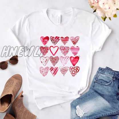 Heart flower print ladies T-shirt ladies casual basis O-collar white shirt short sleeve ladies T-shirt love graphic printing