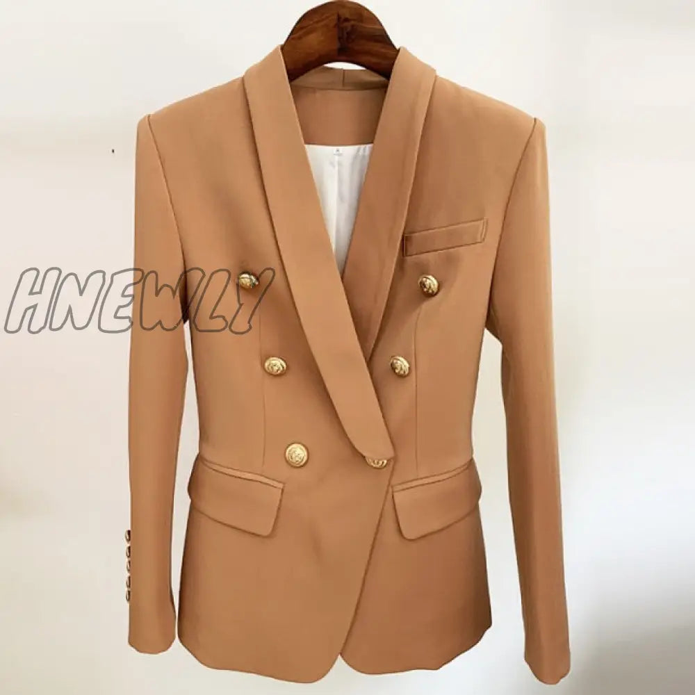 HIGH STREET Newest Designer Blazer Jacket Women's Slim Fitting Double Breasted Metal Lion Buttons Shawl Collar Blazer