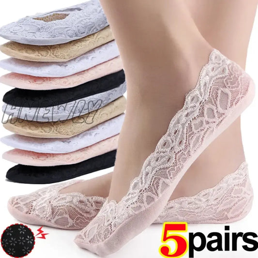 Hnewly 1/5pairs Ballet Lace Flower Sock Slippers Women Summer Silicone Non-slip Ankle Sox Invisible Slipper Lady Hollow Boat Socks Sox