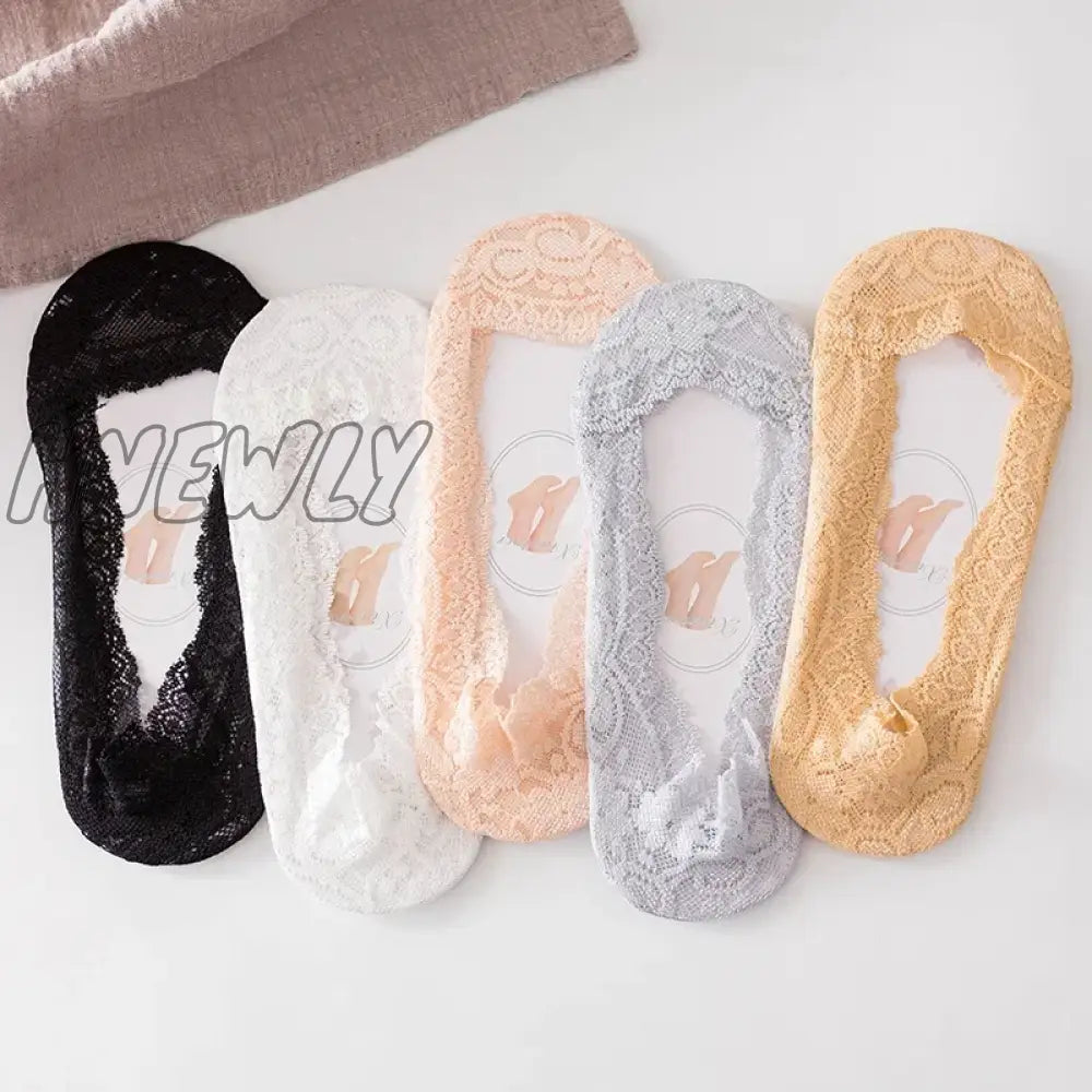 Hnewly 1/5pairs Ballet Lace Flower Sock Slippers Women Summer Silicone Non-slip Ankle Sox Invisible Slipper Lady Hollow Boat Socks Sox