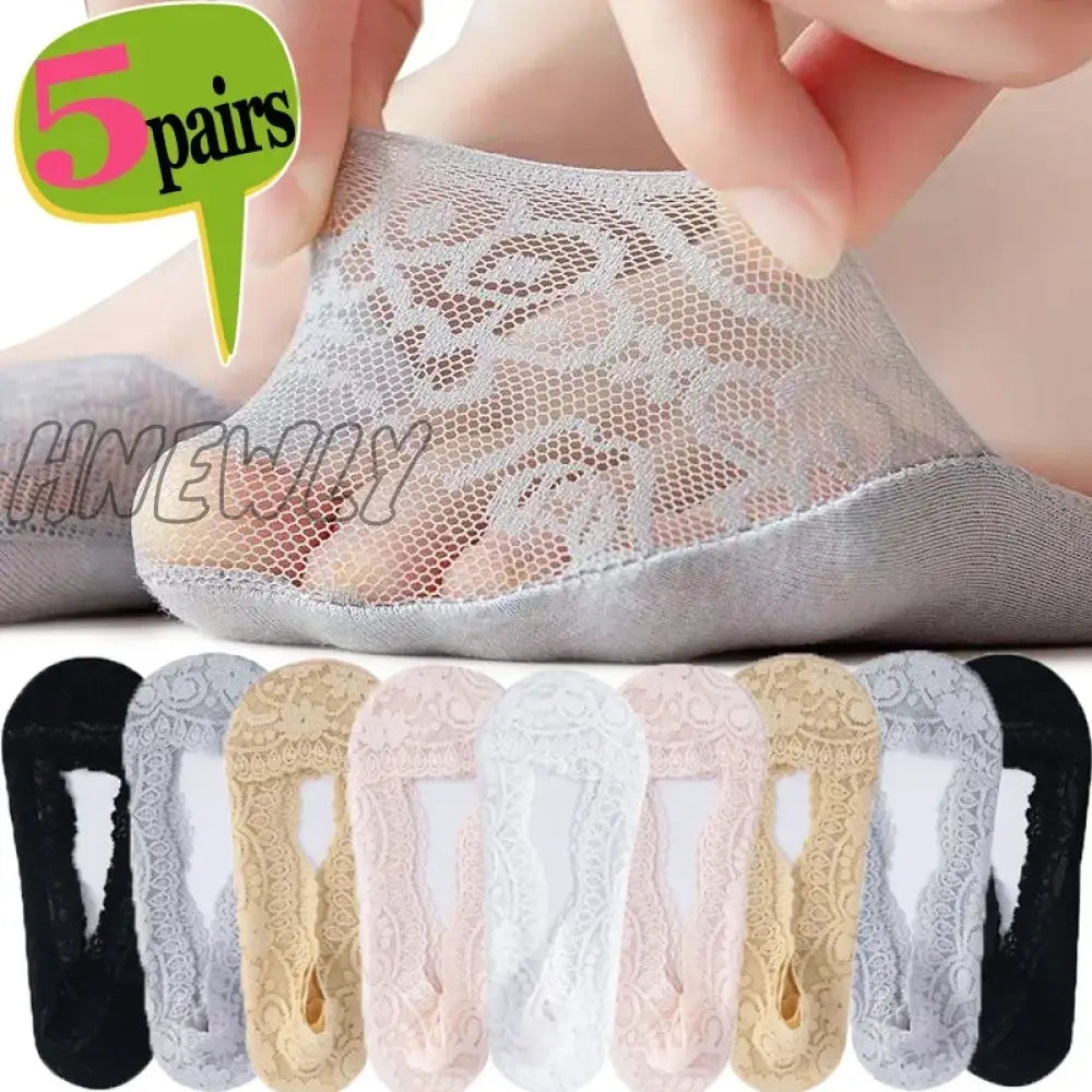 Hnewly 1/5pairs Ballet Lace Flower Sock Slippers Women Summer Silicone Non-slip Ankle Sox Invisible Slipper Lady Hollow Boat Socks Sox