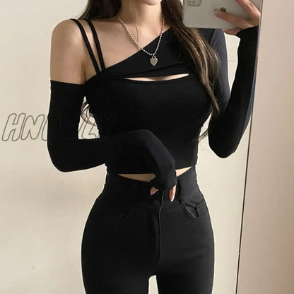 xsrrr 2 Piece T-Shirt and Cami Crop Top Women Y2K Harajuku Long Sleeve Skew Collar Casual Basic Tight  Tees Female Korean Camisetas