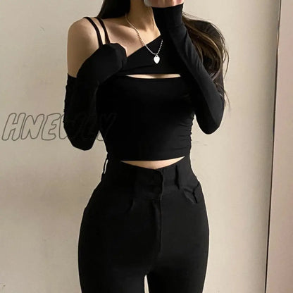 xsrrr 2 Piece T-Shirt and Cami Crop Top Women Y2K Harajuku Long Sleeve Skew Collar Casual Basic Tight  Tees Female Korean Camisetas