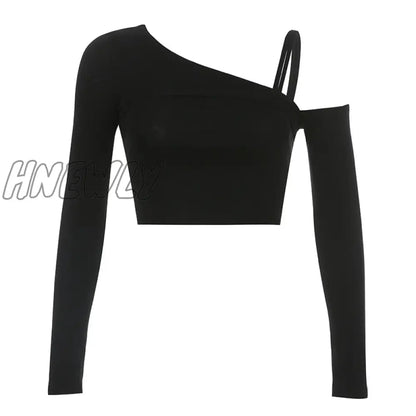 xsrrr 2 Piece T-Shirt and Cami Crop Top Women Y2K Harajuku Long Sleeve Skew Collar Casual Basic Tight  Tees Female Korean Camisetas