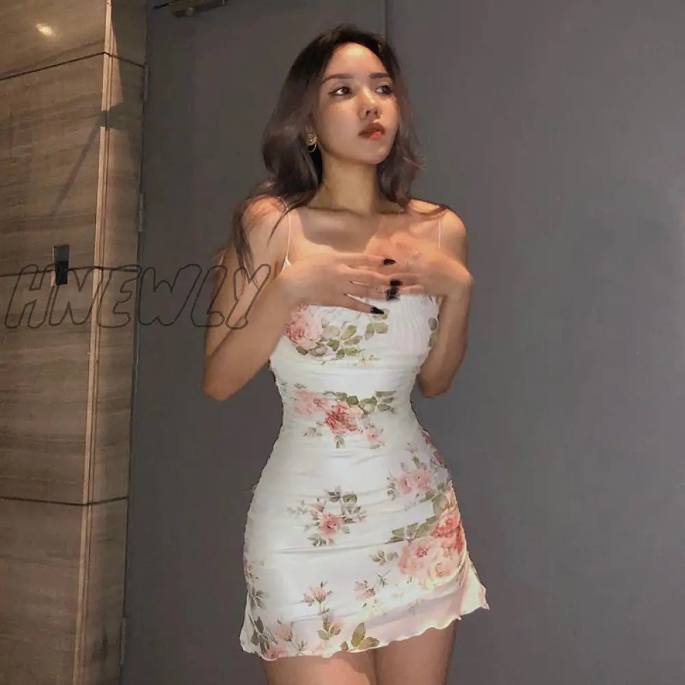 xsrrr 2000s Women Floral Mini Dress y2k Aesthetic Sleeveless Ruffles Hem Kawaii Sundress Sexy Sweet Girl Fairycore Dresses